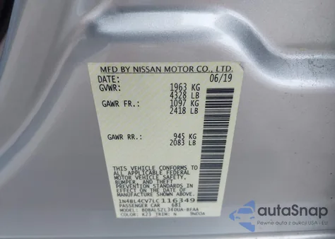 2020 Nissan Altima Sr Fwd z USA, uszkodzony, nr VIN 1N4BL4CV7LC116349